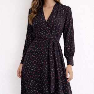 Lea & Viola Black Rose Floral Long Sleeve Midi Dress Medium